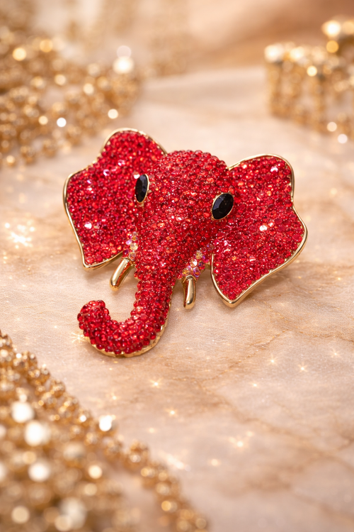 Crimson Rhinestone Elephant Brooch