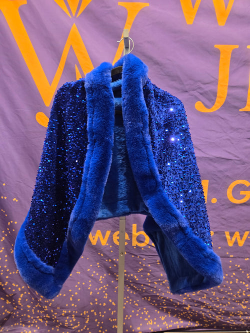 Royal Blue Sequin Faux Fur Trim Jacket