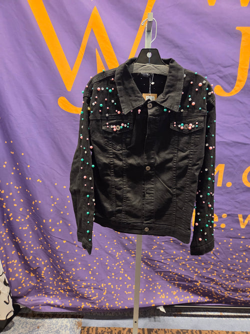 Pastel Pink and Green  Pearl Embellished Black Denim Jacket