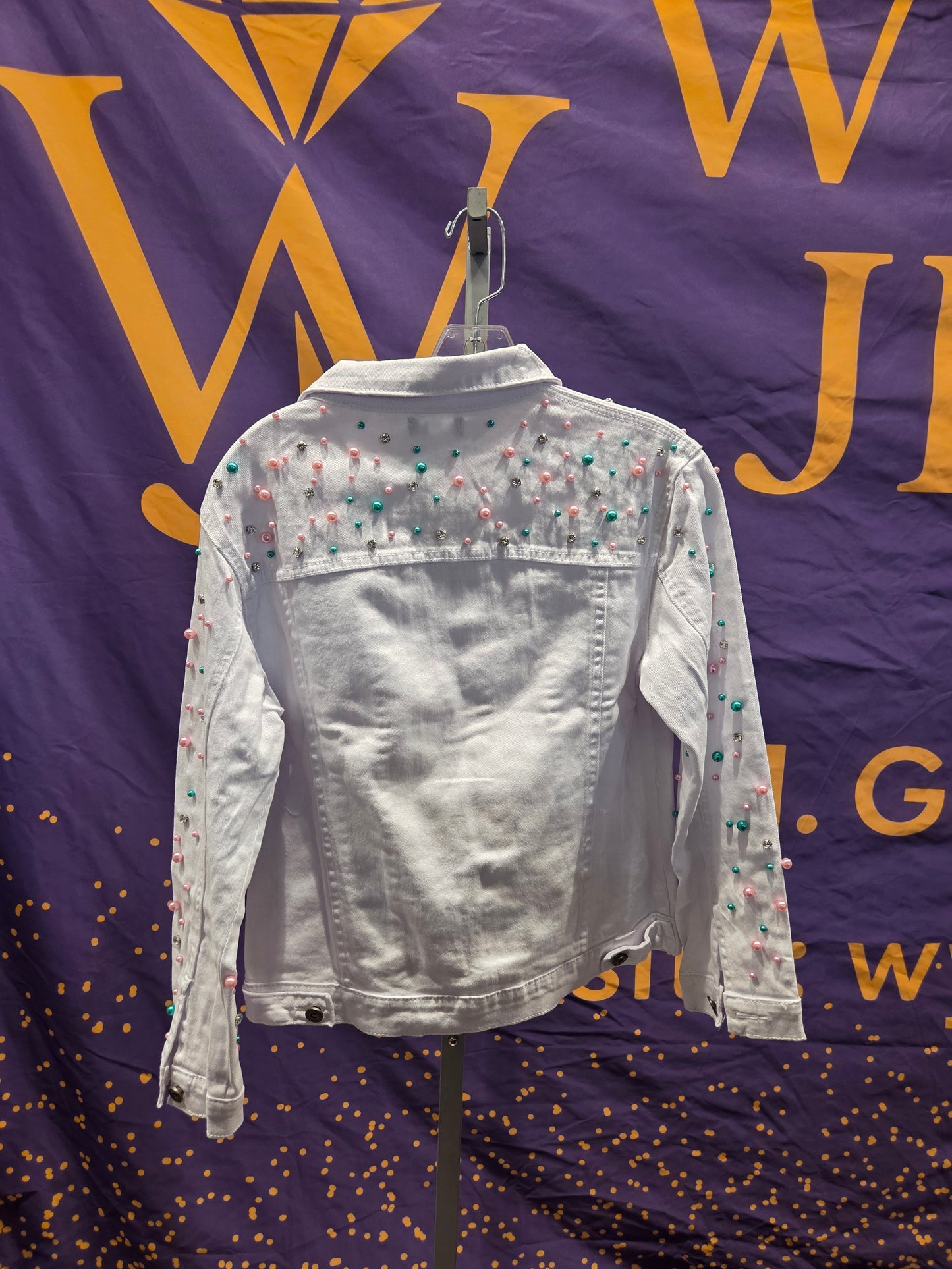 Pastel Pearl Embellished White Denim Jacket