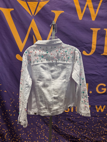 Pastel Pearl Embellished White Denim Jacket