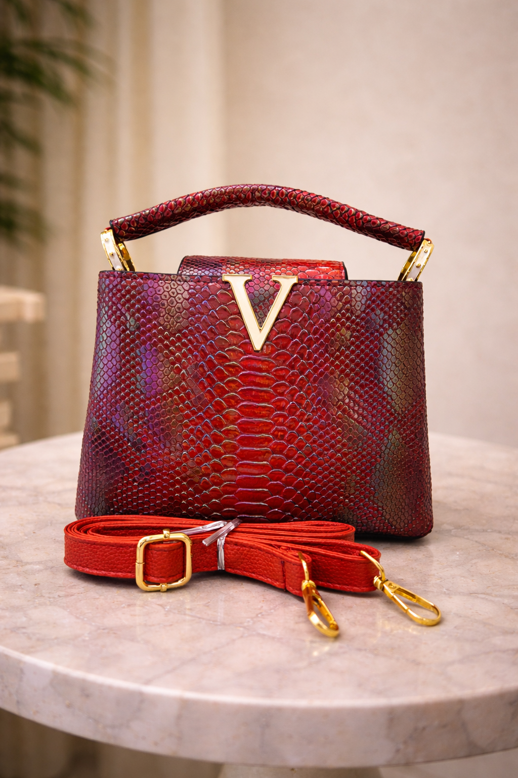 Luxury-Style Red Snakeskin Top-Handle Handbag