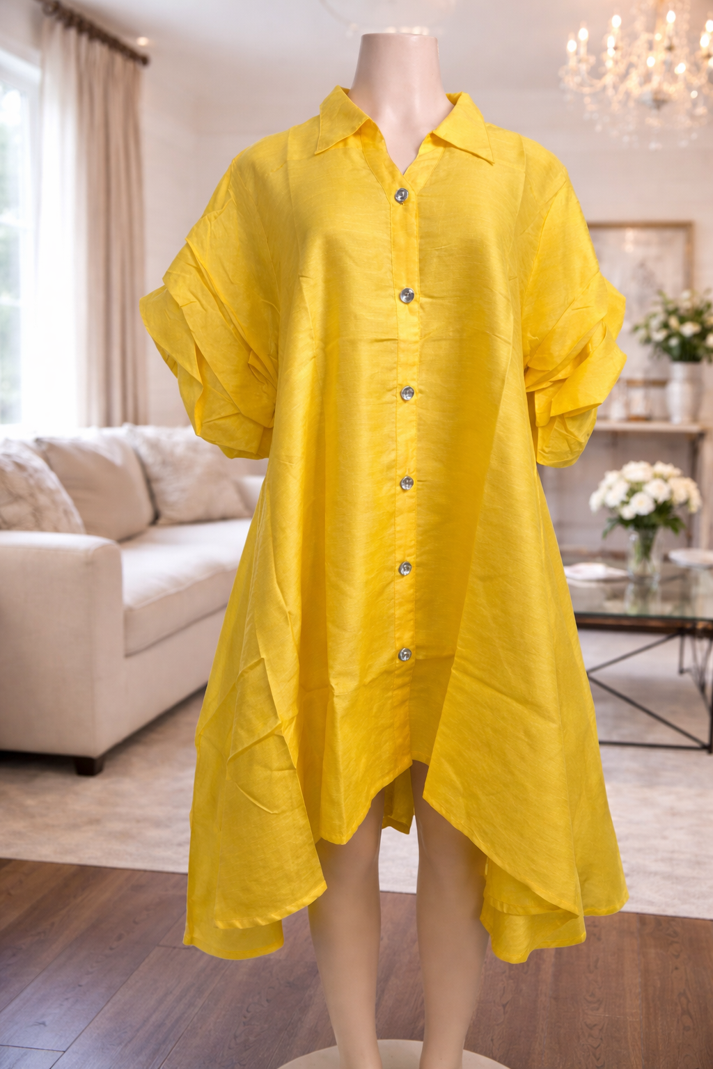 Golden Yellow Glow High-Low Button-Down Dress
