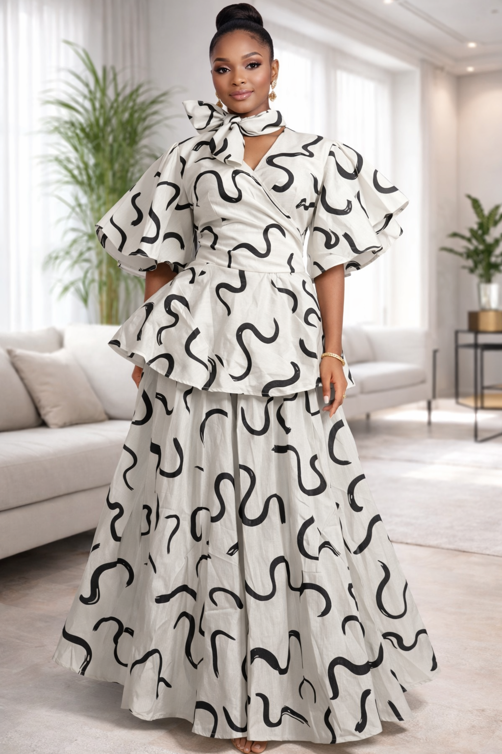 Elegant Abstract Print Peplum Skirt Set (White & Black)