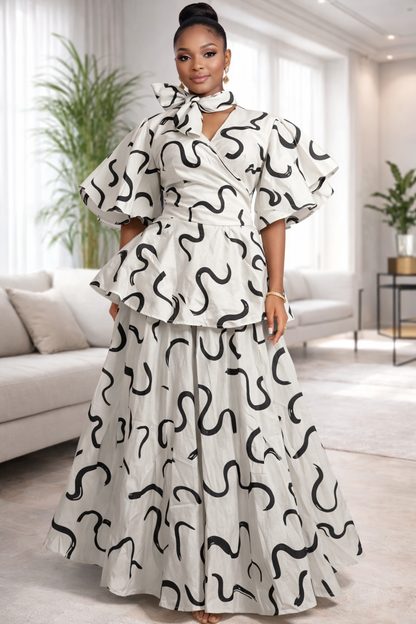 Elegant Abstract Print Peplum Skirt Set (White & Black)