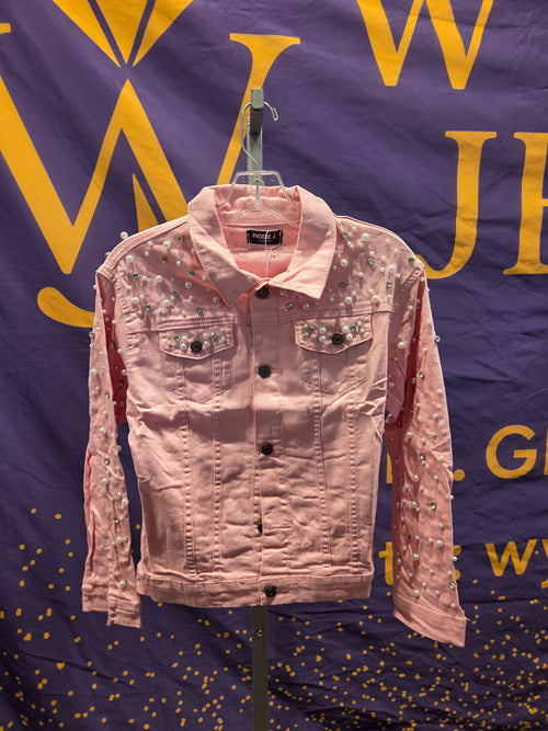 Blush Pink Pearl Embellished Denim Jacket