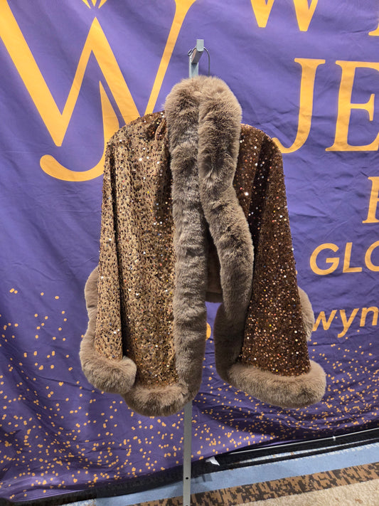 Golden Brown Sequin Faux Fur Trim Jacket