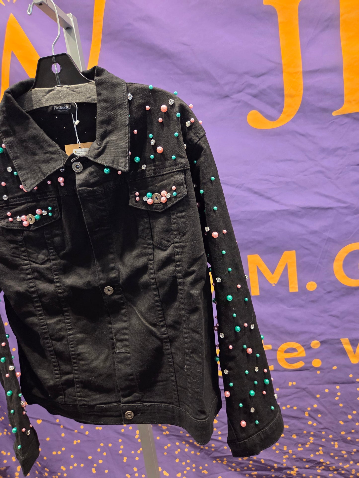 Pastel Pink and Green  Pearl Embellished Black Denim Jacket