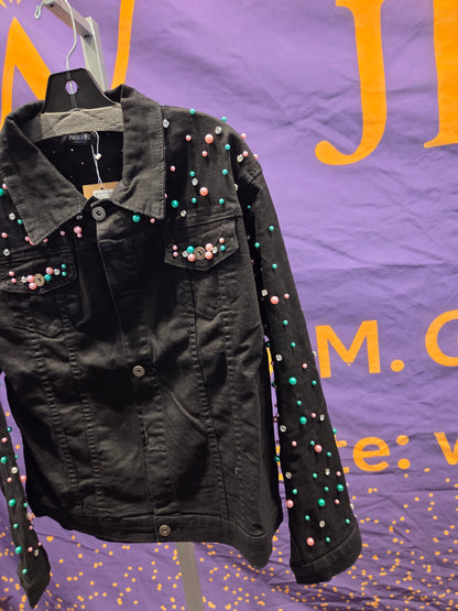 Pastel Pink and Green  Pearl Embellished Black Denim Jacket