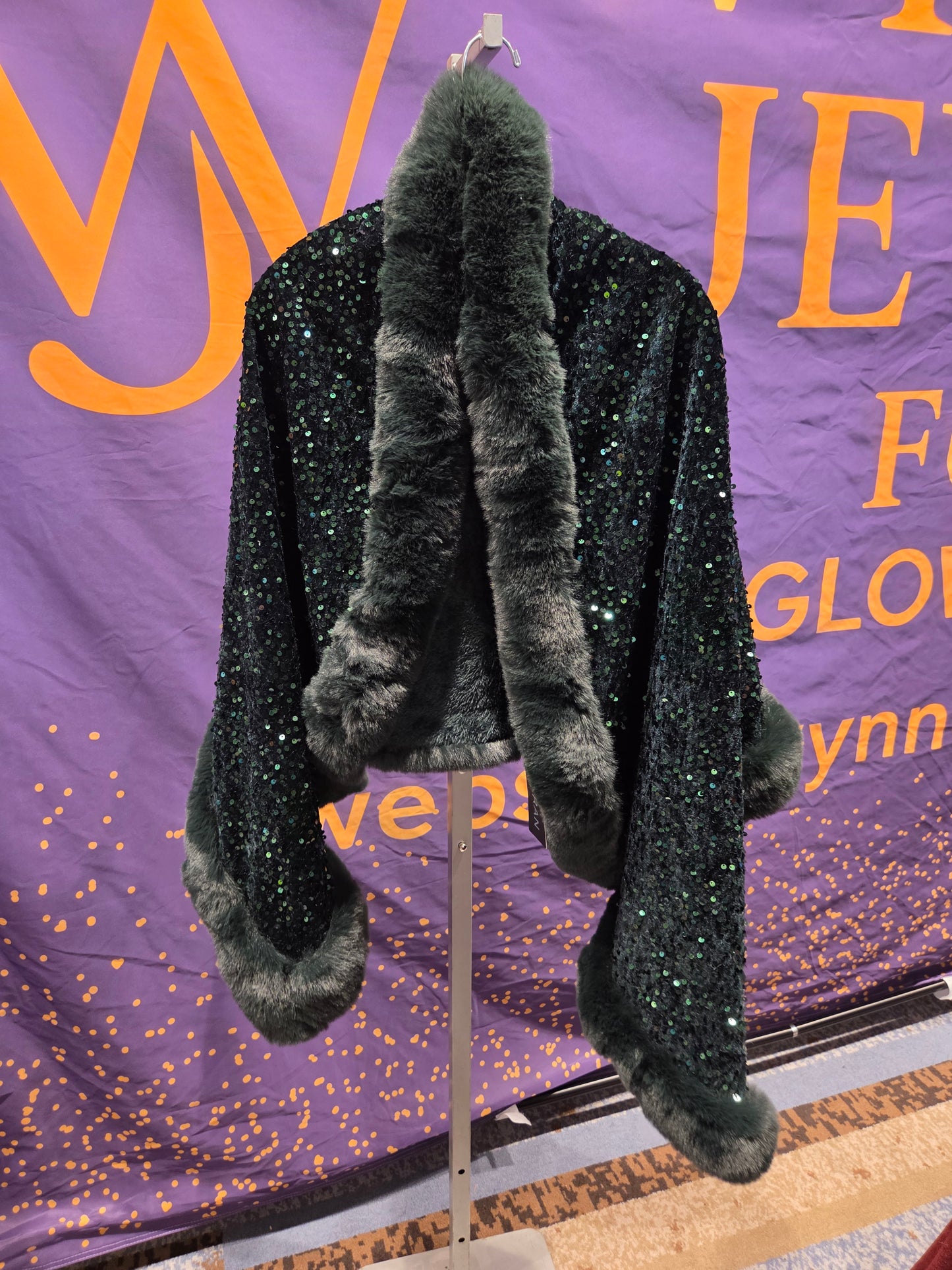 Black Sequin Faux Fur Trim Jacket