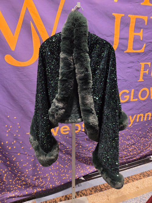 Black Sequin Faux Fur Trim Jacket