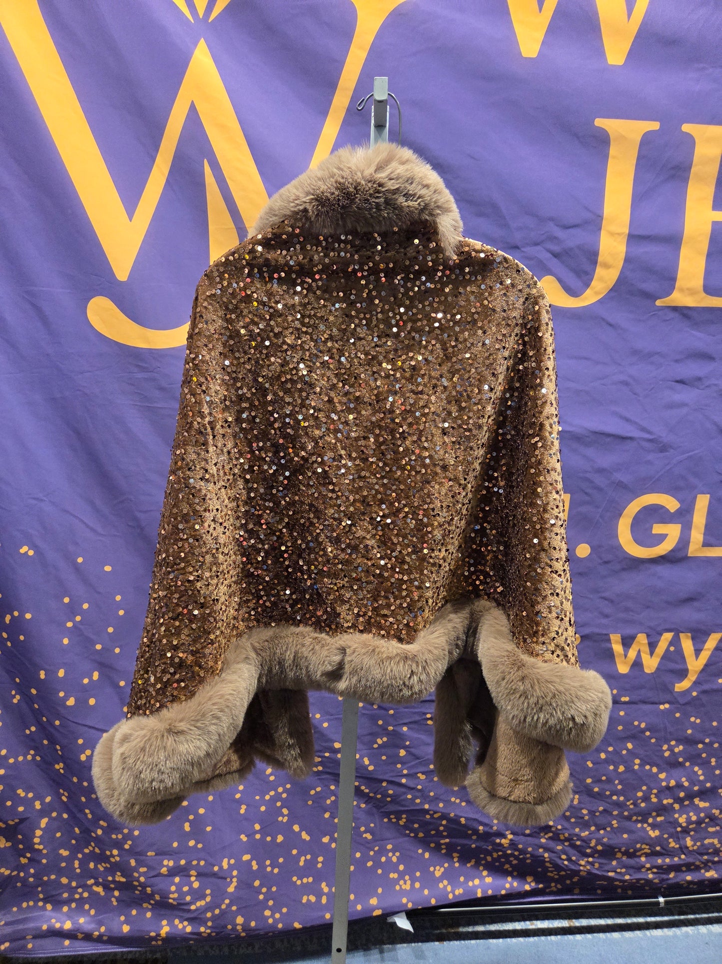Golden Brown Sequin Faux Fur Trim Jacket