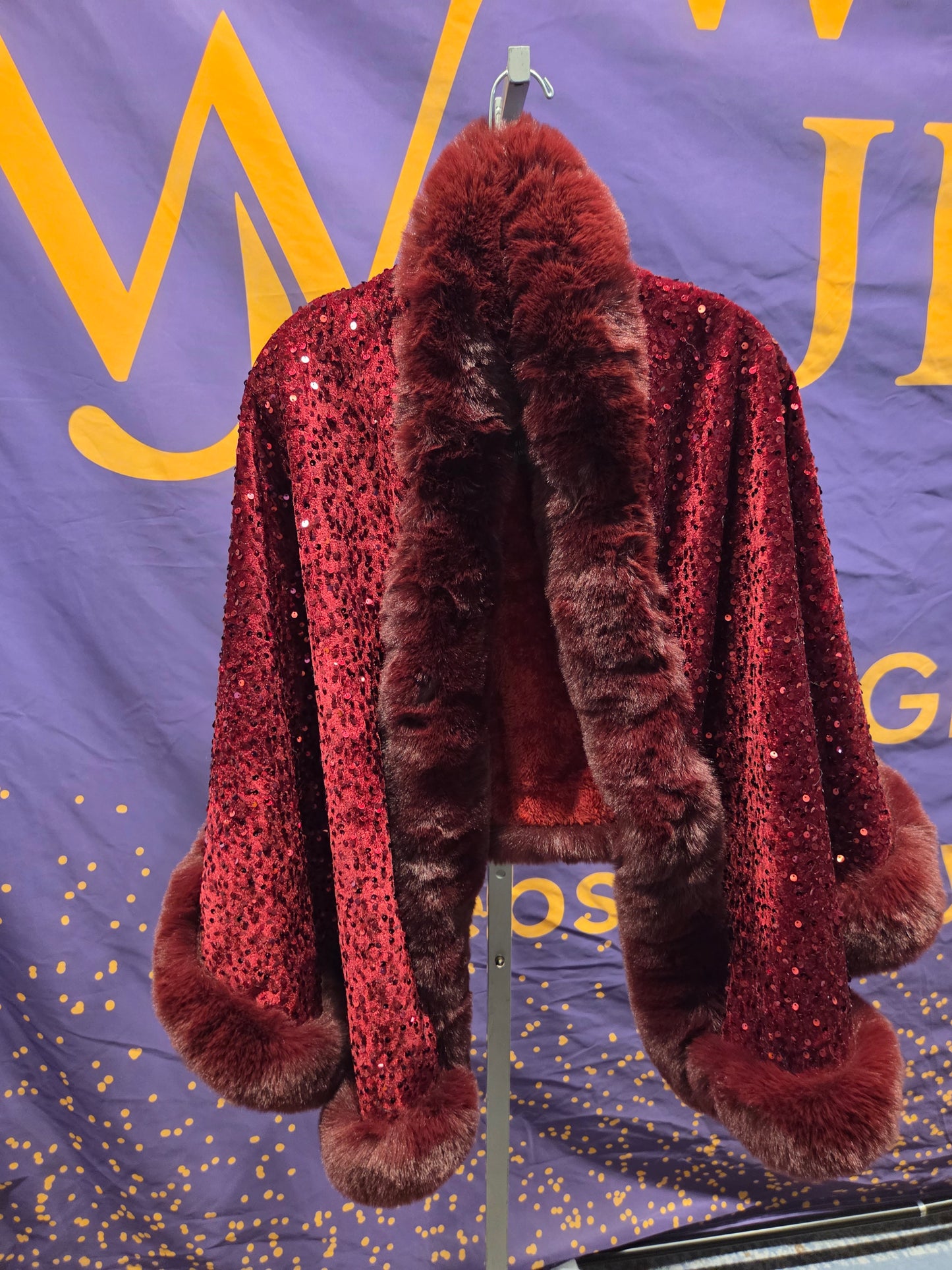 Burgundy Sequin Faux Fur Trim Jacket