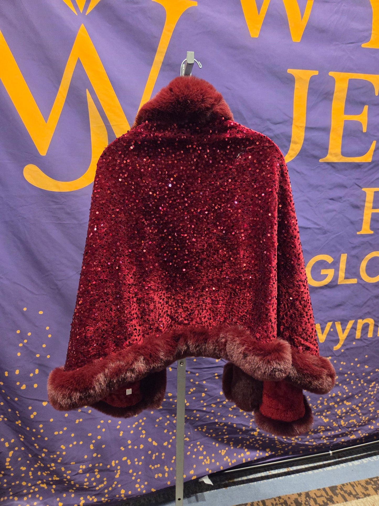 Burgundy Sequin Faux Fur Trim Jacket